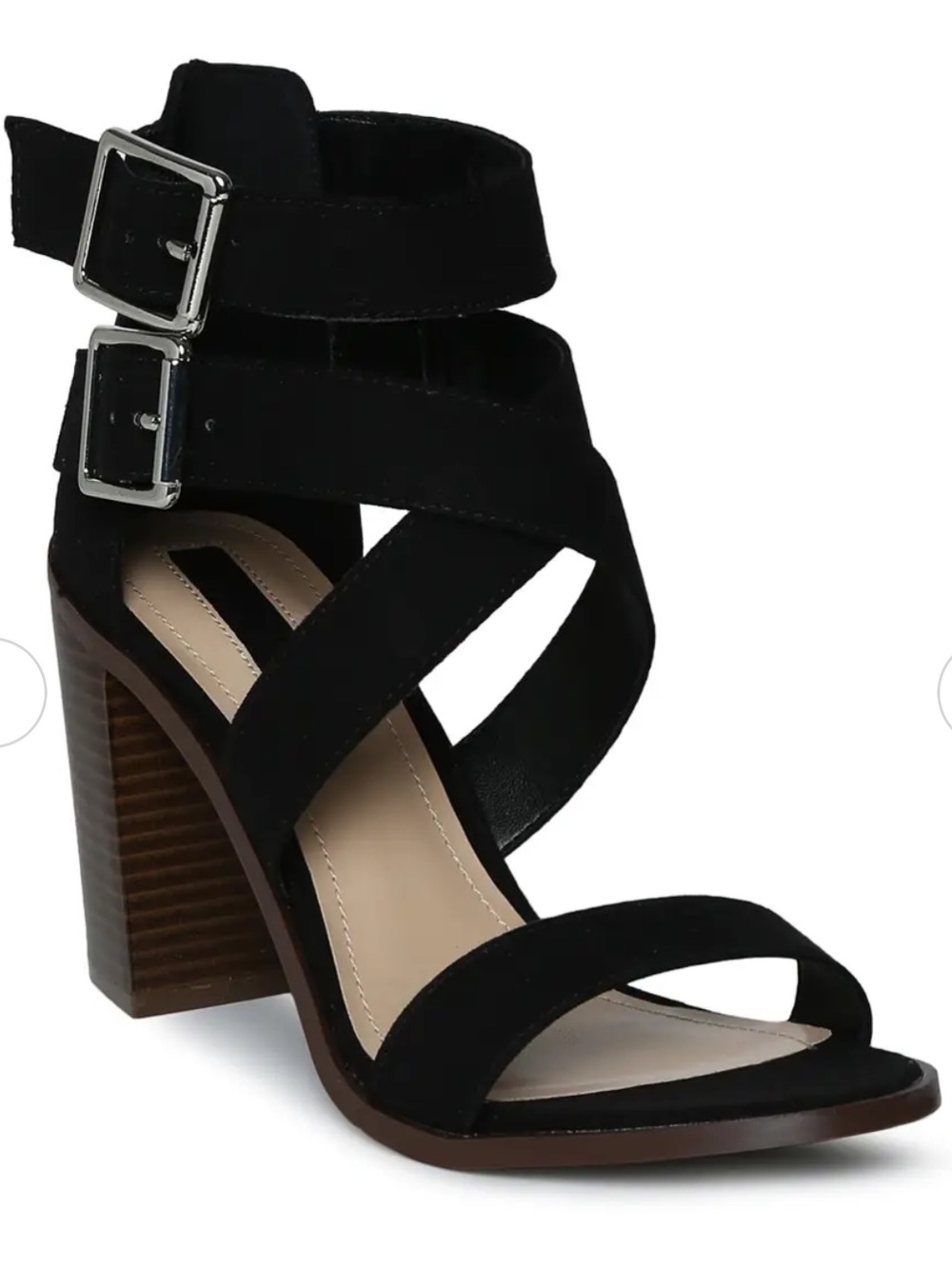 Forever 21 Black Buckle Buckle Strappy Faux Suede Block Heel Sandal Sz 8